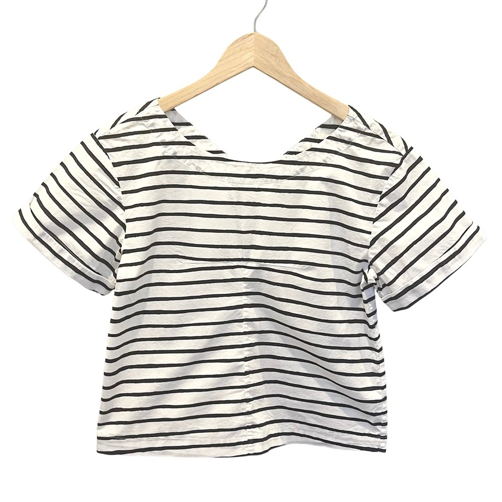 J. Crew Striped Zip Swing Top White and Black Short Sleeve Crop Top Cuff Sleeve